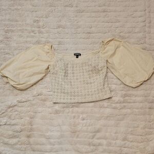 Express Cream Eyelet Puff-Sleeve Cropped Blouse